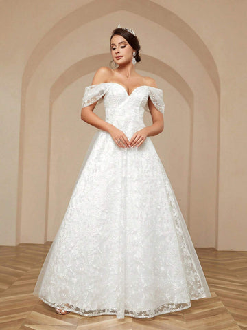 Women's Elegant & Romantic Off-Shoulder One-Shoulder Exquisite Embroidered Fabric Tie-Back Floral Applique Ball Gown Wedding Dress