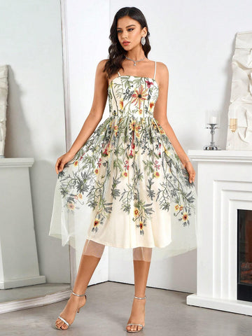 Women's Embroidered Mesh Cami Dress For Dance Parties