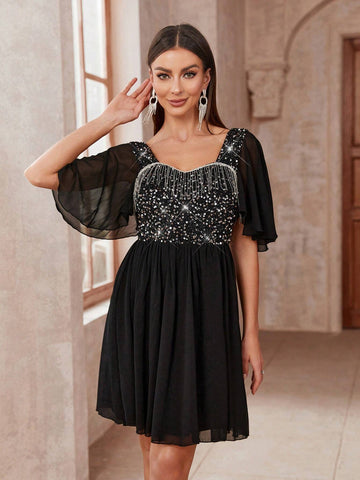 Women's Fashionable Party Dress With Ruffle Detail, Shiny Sequins And Tassel Trim