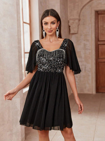 Women's Fashionable Party Dress With Ruffle Detail, Shiny Sequins And Tassel Trim