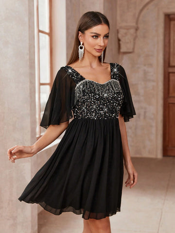 Women's Fashionable Party Dress With Ruffle Detail, Shiny Sequins And Tassel Trim
