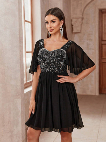 Women's Fashionable Party Dress With Ruffle Detail, Shiny Sequins And Tassel Trim