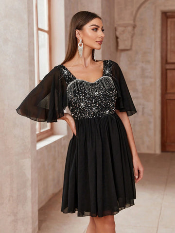 Women's Fashionable Party Dress With Ruffle Detail, Shiny Sequins And Tassel Trim