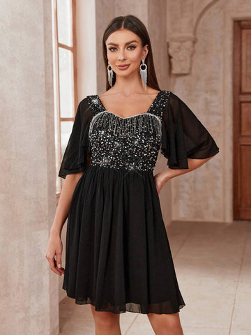 Women's Fashionable Party Dress With Ruffle Detail, Shiny Sequins And Tassel Trim