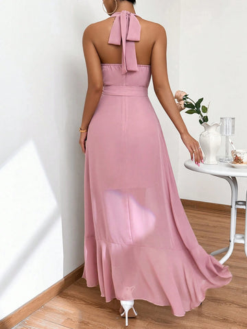 Women's Fashionable Solid Color Ruffle Edge Halter Neck Bridesmaid Dress