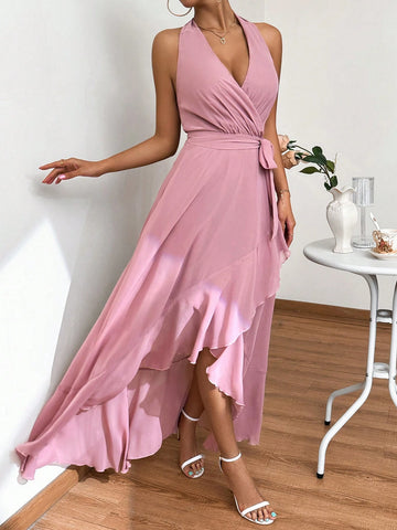 Women's Fashionable Solid Color Ruffle Edge Halter Neck Bridesmaid Dress