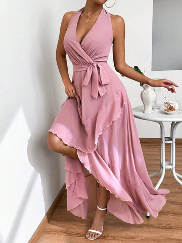 Women's Fashionable Solid Color Ruffle Edge Halter Neck Bridesmaid Dress