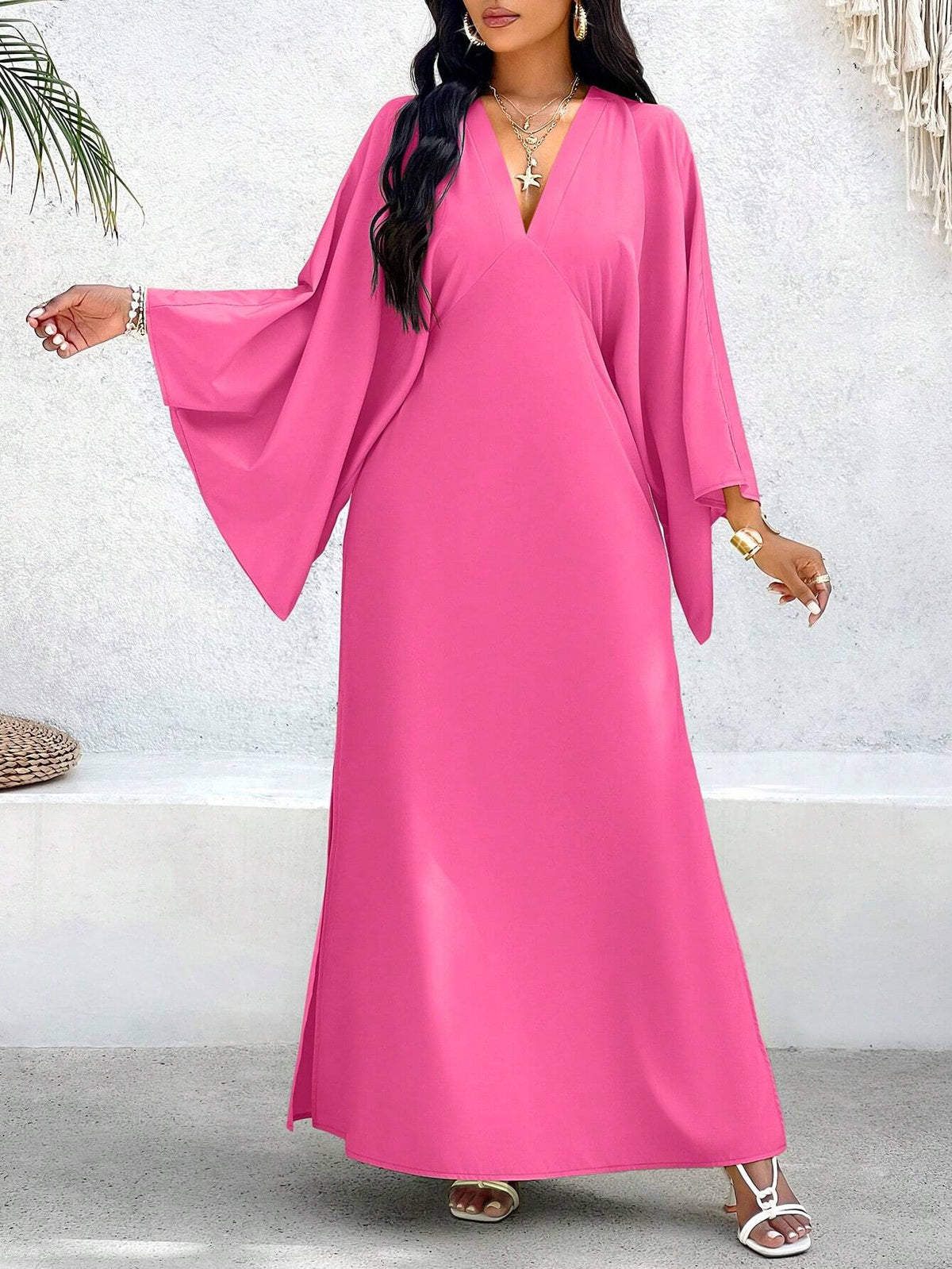 Women's Fashionable V-Neck Solid Color Wide Version Long Sleeve Dress