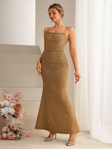 Women's Glitter Pleated V-Neck Bodycon Evening Dress With Mermaid Hem