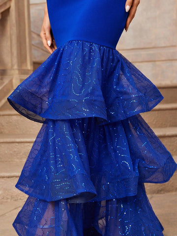 Women's Gorgeous Beaded Mermaid Tail Gown With Tower Hem, Heavy Work Evening Party Dress