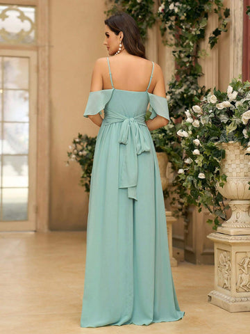 Women's Light Green Chiffon Off Shoulder Ruffle Decorated Cross Tied Bow Formal Wedding Dress Bridesmaid Dress