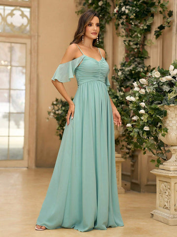 Women's Light Green Chiffon Off Shoulder Ruffle Decorated Cross Tied Bow Formal Wedding Dress Bridesmaid Dress