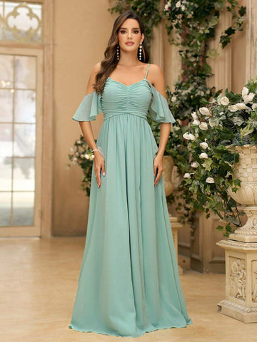 Women's Light Green Chiffon Off Shoulder Ruffle Decorated Cross Tied Bow Formal Wedding Dress Bridesmaid Dress
