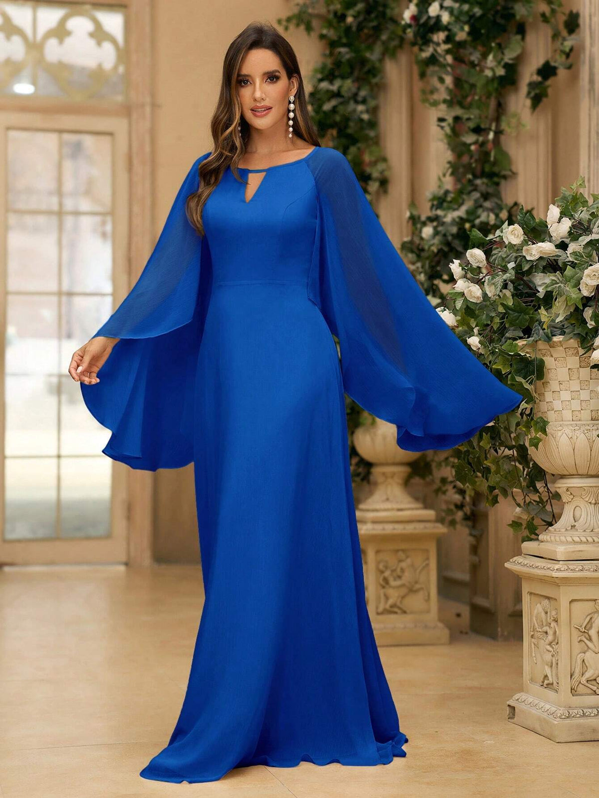 Women's Modest Beige Chiffon Bridesmaids Dress With V-Neck, Hollow Front And Flared Sleeve, Suitable For Weddings And Formal Occasions