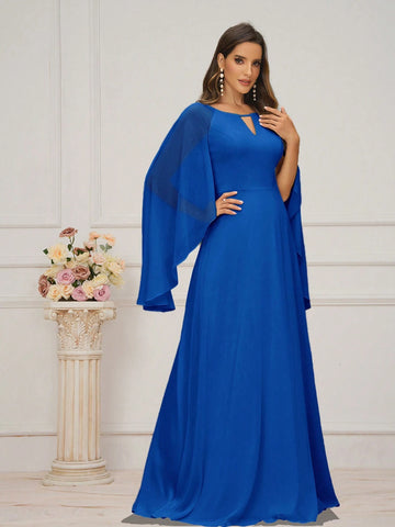 Women's Modest Beige Chiffon Bridesmaids Dress With V-Neck, Hollow Front And Flared Sleeve, Suitable For Weddings And Formal Occasions