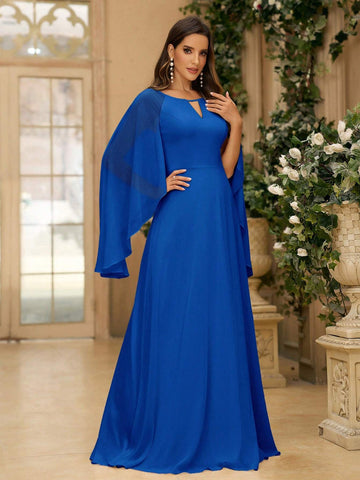 Women's Modest Beige Chiffon Bridesmaids Dress With V-Neck, Hollow Front And Flared Sleeve, Suitable For Weddings And Formal Occasions