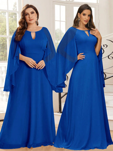 Women's Modest Beige Chiffon Bridesmaids Dress With V-Neck, Hollow Front And Flared Sleeve, Suitable For Weddings And Formal Occasions