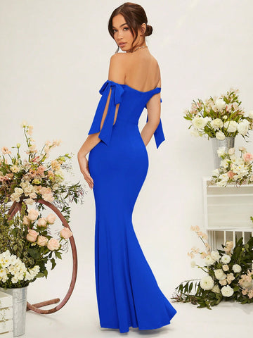 Women's Off-Shoulder Maxi Dress With High Leg Slit And Asymmetric Hem