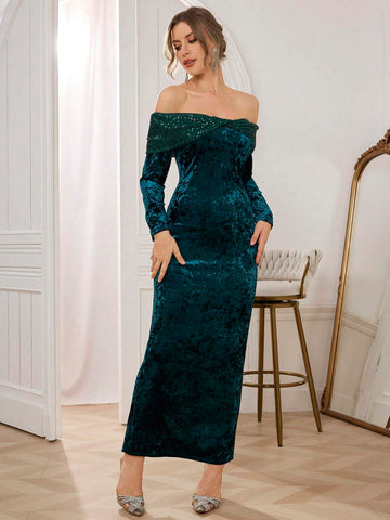 Women's Off-Shoulder Sequin Twist Mermaid Cocktail Party Dress