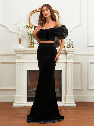 Women's Off-shoulder Crop Top And Mermaid Hem Skirt Two-piece Set