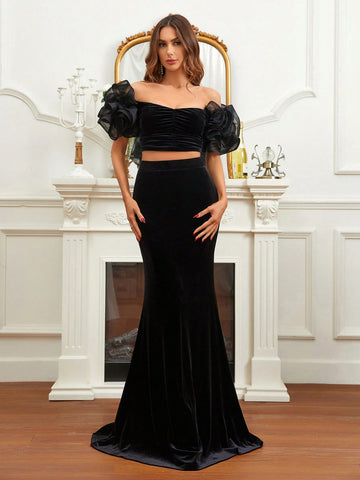Women's Off-shoulder Crop Top And Mermaid Hem Skirt Two-piece Set