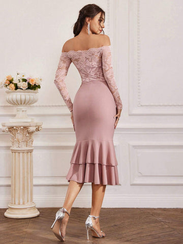 Women's Off Shoulder Long Sleeve Lace Spliced Bodycon Dress With Mermaid Hem For Bridesmaid