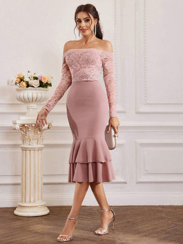 Women's Off Shoulder Long Sleeve Lace Spliced Bodycon Dress With Mermaid Hem For Bridesmaid