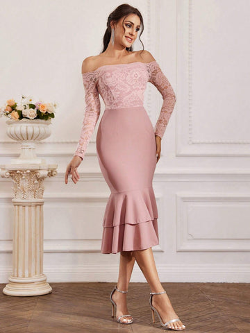 Women's Off Shoulder Long Sleeve Lace Spliced Bodycon Dress With Mermaid Hem For Bridesmaid