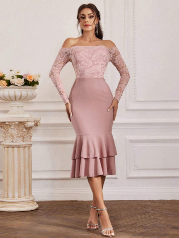 Women's Off Shoulder Long Sleeve Lace Spliced Bodycon Dress With Mermaid Hem For Bridesmaid