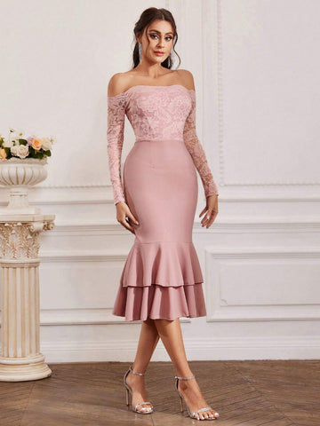 Women's Off Shoulder Long Sleeve Lace Spliced Bodycon Dress With Mermaid Hem For Bridesmaid