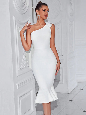 Women's One Shoulder 3D Floral Bandage Mermaid Bridesmaid Dress