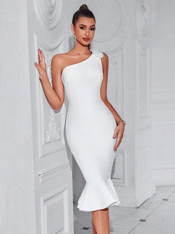 Women's One Shoulder 3D Floral Bandage Mermaid Bridesmaid Dress