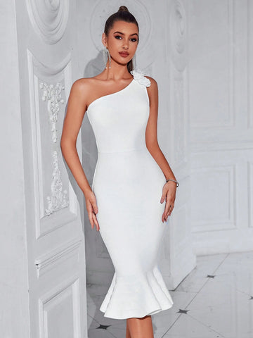 Women's One Shoulder 3D Floral Bandage Mermaid Bridesmaid Dress
