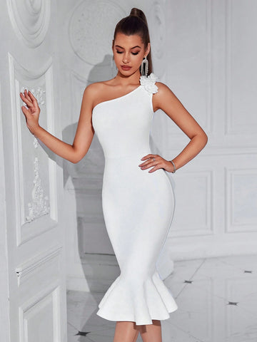 Women's One Shoulder 3D Floral Bandage Mermaid Bridesmaid Dress