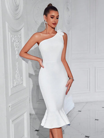 Women's One Shoulder 3D Floral Bandage Mermaid Bridesmaid Dress