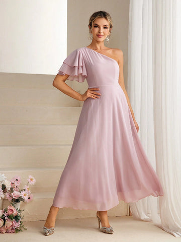 Women's One Shoulder Ruffle Short Sleeve Cocktail Party Dress