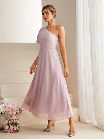 Women's One Shoulder Ruffle Short Sleeve Cocktail Party Dress