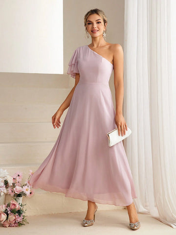 Women's One Shoulder Ruffle Short Sleeve Cocktail Party Dress