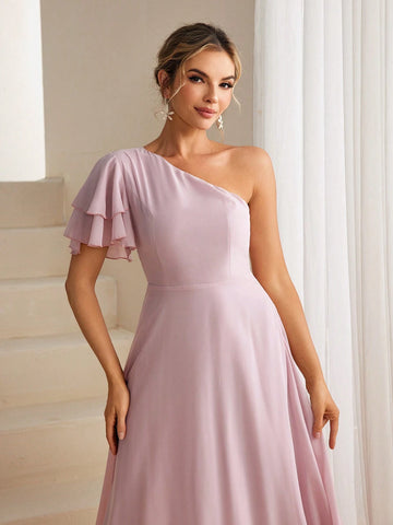 Women's One Shoulder Ruffle Short Sleeve Cocktail Party Dress