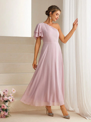 Women's One Shoulder Ruffle Short Sleeve Cocktail Party Dress