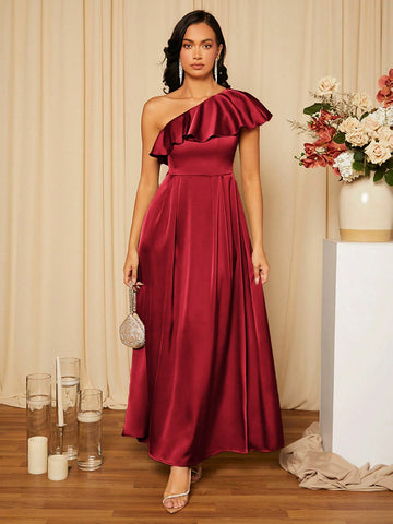Women's One Shoulder Ruffle Trim Bridesmaid Dress