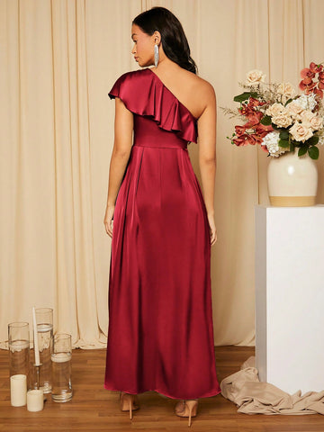 Women's One Shoulder Ruffle Trim Bridesmaid Dress