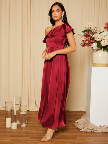 Women's One Shoulder Ruffle Trim Bridesmaid Dress