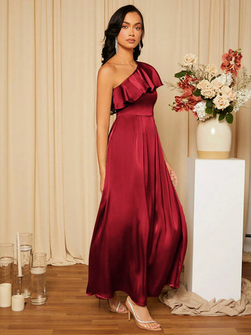Women's One Shoulder Ruffle Trim Bridesmaid Dress