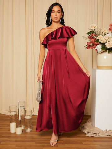 Women's One Shoulder Ruffle Trim Bridesmaid Dress