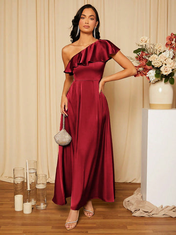 Women's One Shoulder Ruffle Trim Bridesmaid Dress