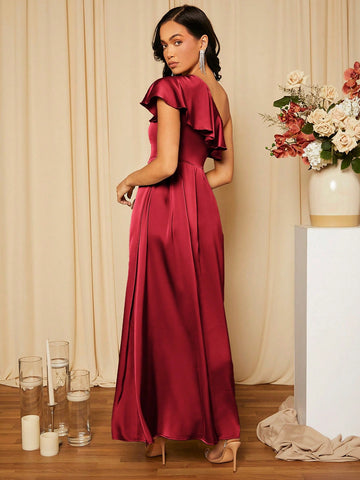 Women's One Shoulder Ruffle Trim Bridesmaid Dress