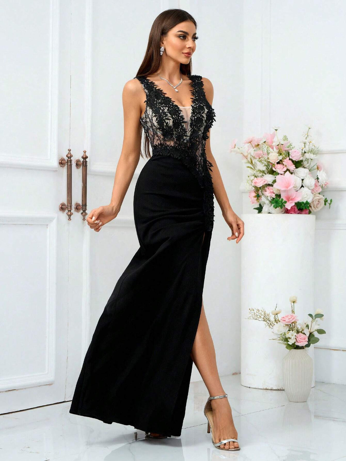 Women's Patchwork Lace High Slit Evening Dress