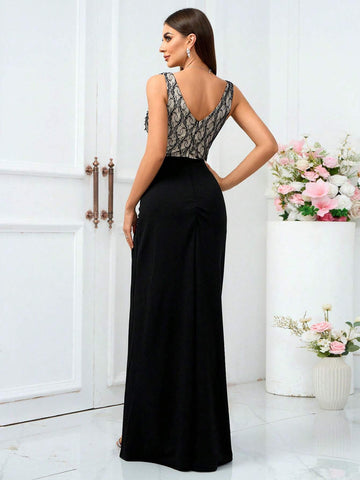 Women's Patchwork Lace High Slit Evening Dress
