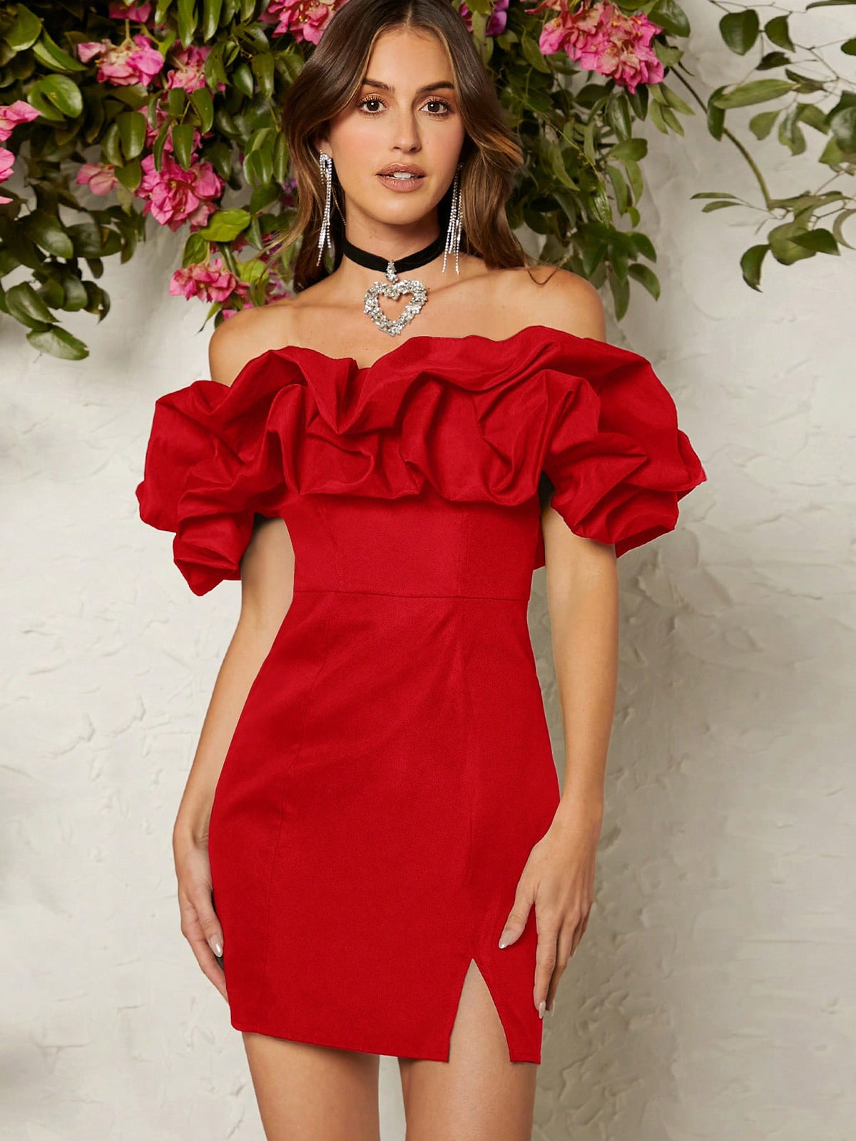Women's Pleated Off Shoulder Side Slit Mini Dress